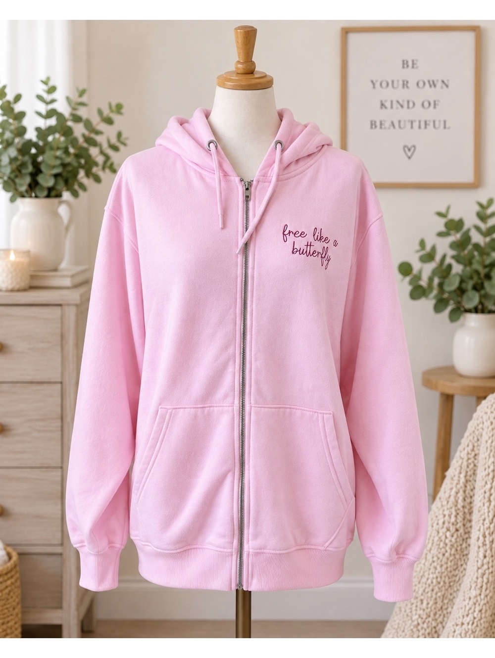 Pink Butterfly Oversized Zip Up Hoodie Medium Free Like a Butterfly